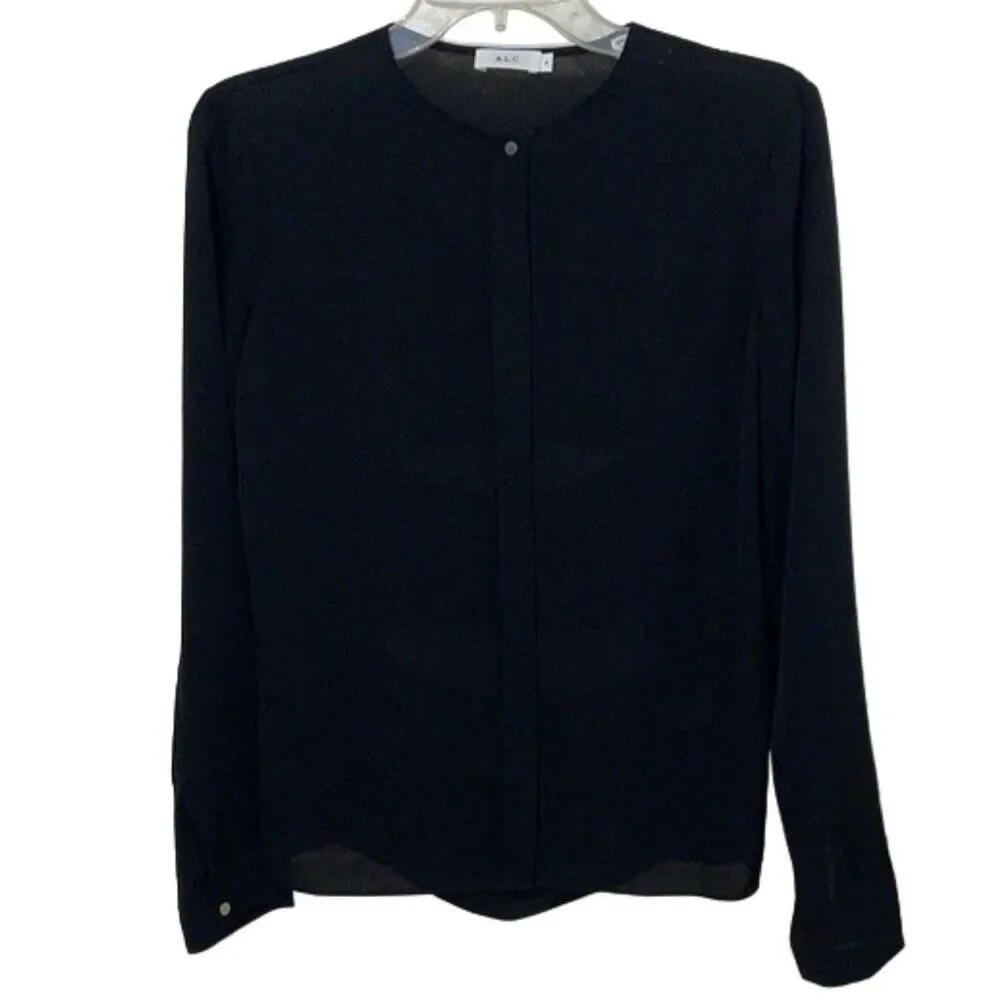A.L.C. Black Silk Blouse Top Womens Size 4 Cut-Out Back Minimalist Dark Academia